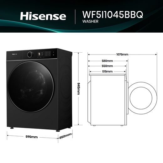 Hisense 5i KitchenFit Series WF5I1045BBQ 10.5kg Washing Machine with 1400 rpm - Black - Dimensions