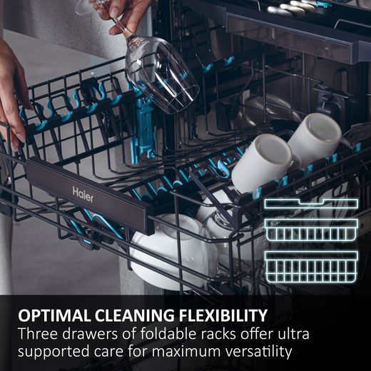 Haier I-Pro Shine Series 5 Standard Dishwasher - Silver - Annotation - Foldable rack shot