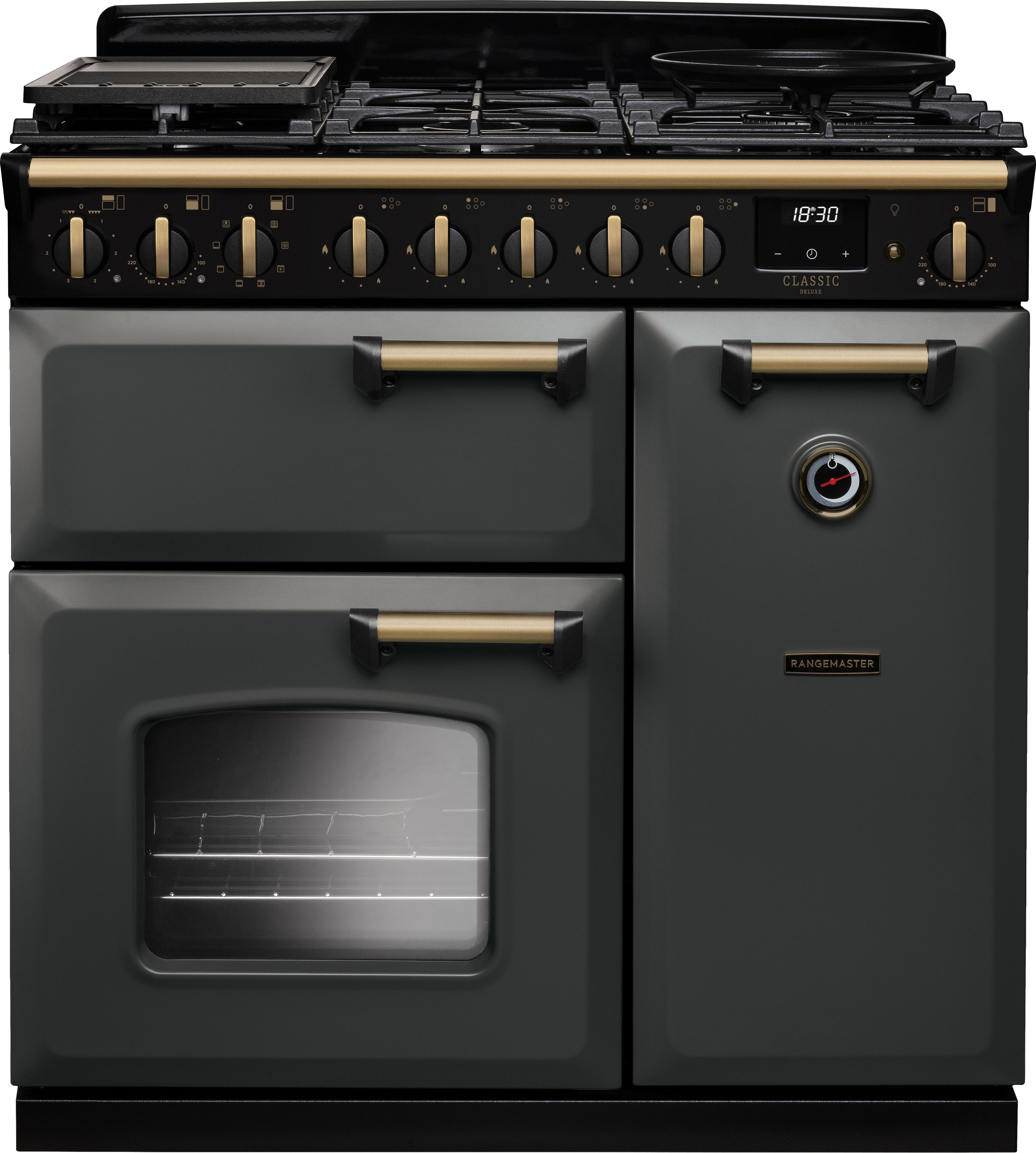 Image of Rangemaster Classic Deluxe 90 CLDL90DFPSLT/AB1 90cm wide Dual Fuel Range Cooker with Gas Hob - Slate / Antique Brass - A Rated, Grey