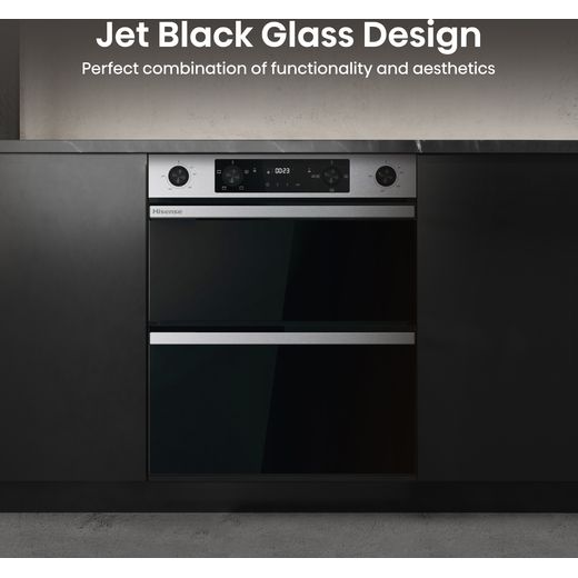 Hisense HIPKD4AX60IND Freestanding Electric Double Oven - Black / Stainless Steel - Annotation - Glass design shot 