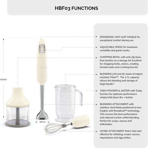 Smeg 50's Style HBF03WHUK Hand Blender - White - Annotation - Functions and features