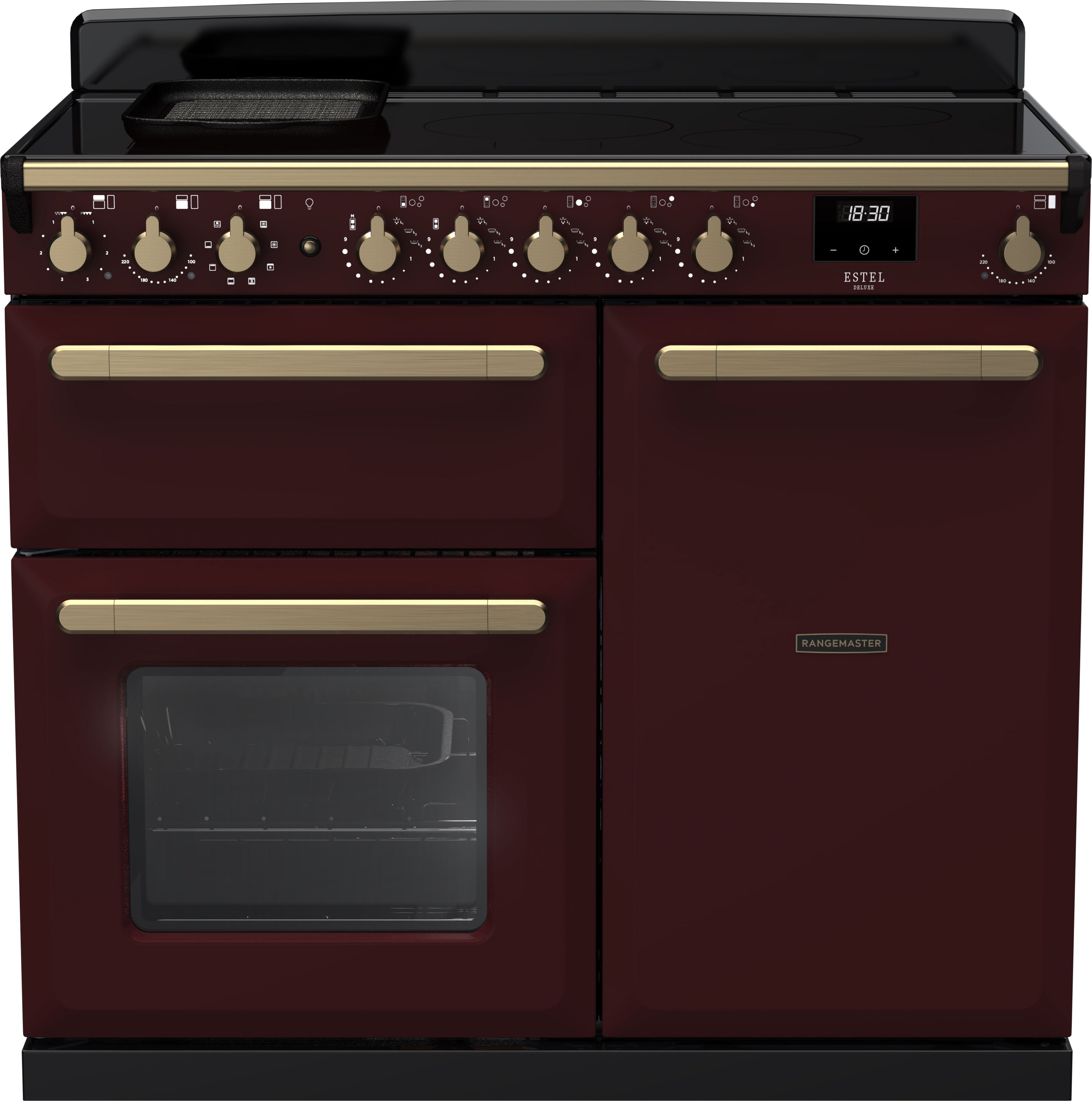 Image of Rangemaster Estel Deluxe ESDL100EIPBOR/AB1 100cm wide Electric Range Cooker with Induction Hob - Bordeaux / Antique Brass - A/A Rated, Red