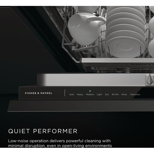 Fisher & Paykel Series 9 Fully Integrated Standard Dishwasher - Black - annotation - quieter performer shot 