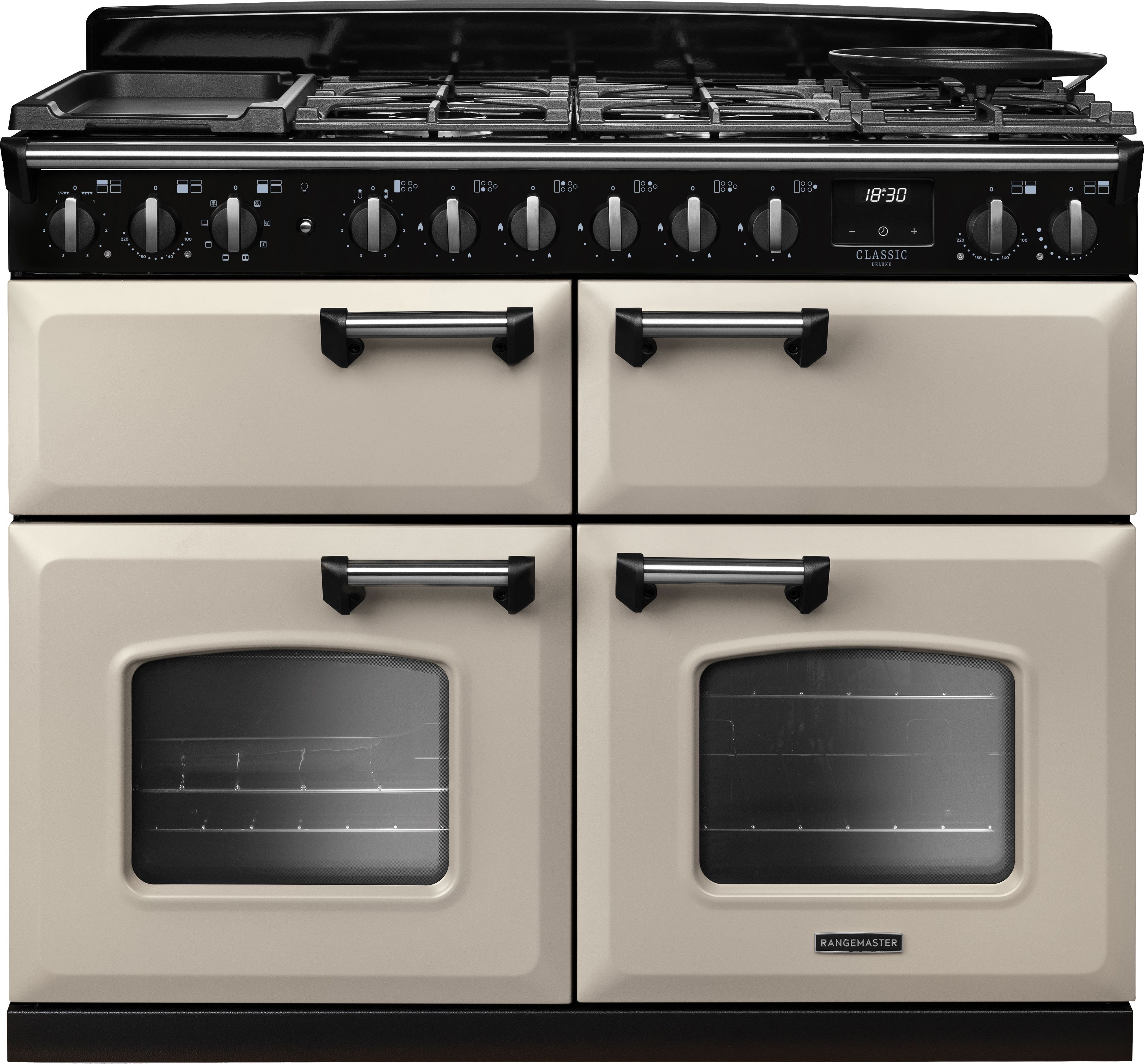 Image of Rangemaster Classic Deluxe CLDLB110DFPPCR/CM1 110cm wide Dual Fuel Range Cooker with Gas Hob - Cream / Chrome - A Rated, Cream