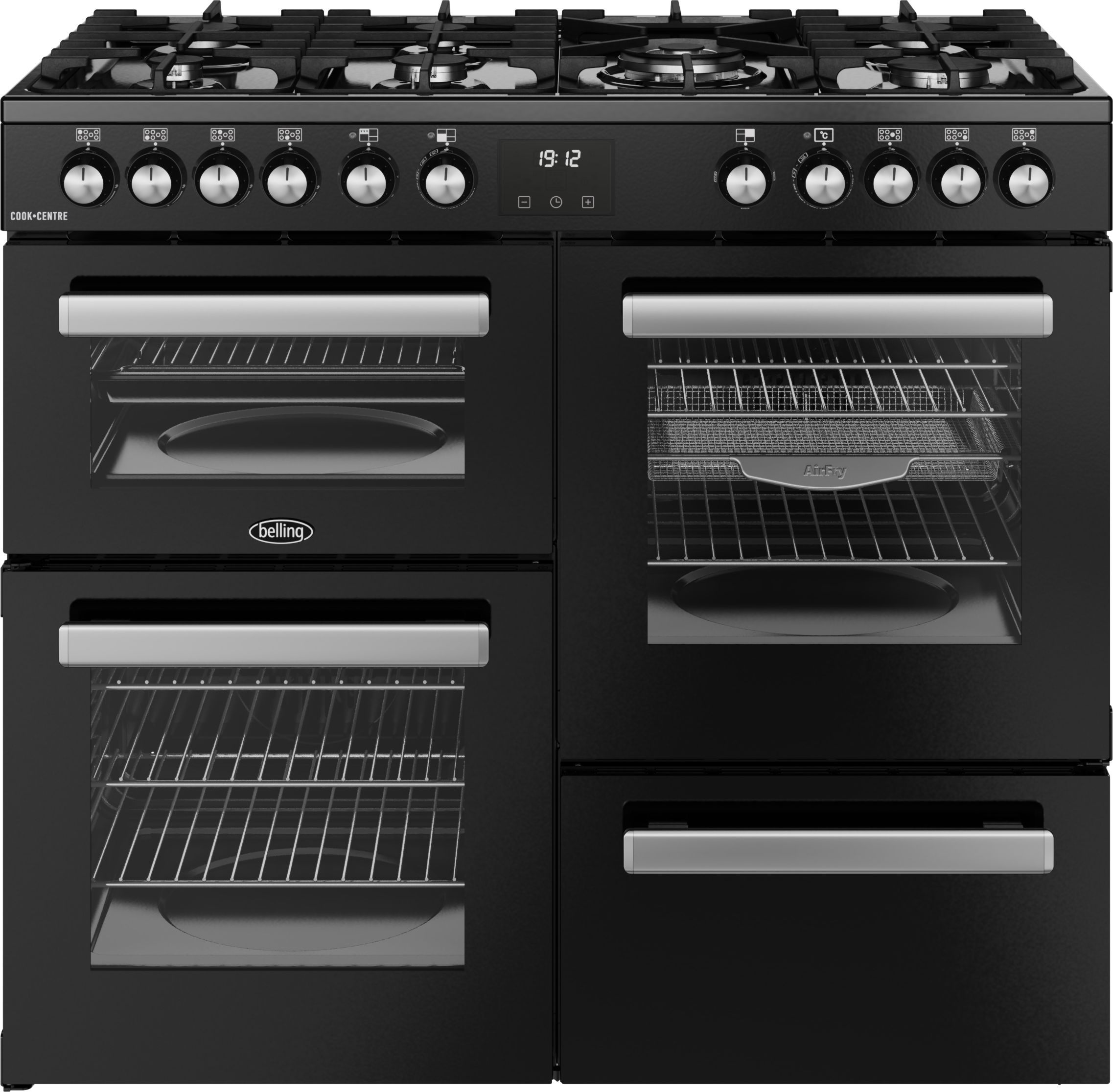Image of Belling Cookcentre 100DF 100cm wide Dual Fuel Range Cooker with Gas Hob - Black - A/A Rated, Black