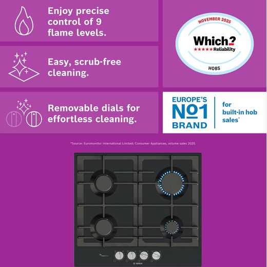 Bosch Series 6 PCP6A6I90 58cm Gas Hob - Black - Annotation - feature shot