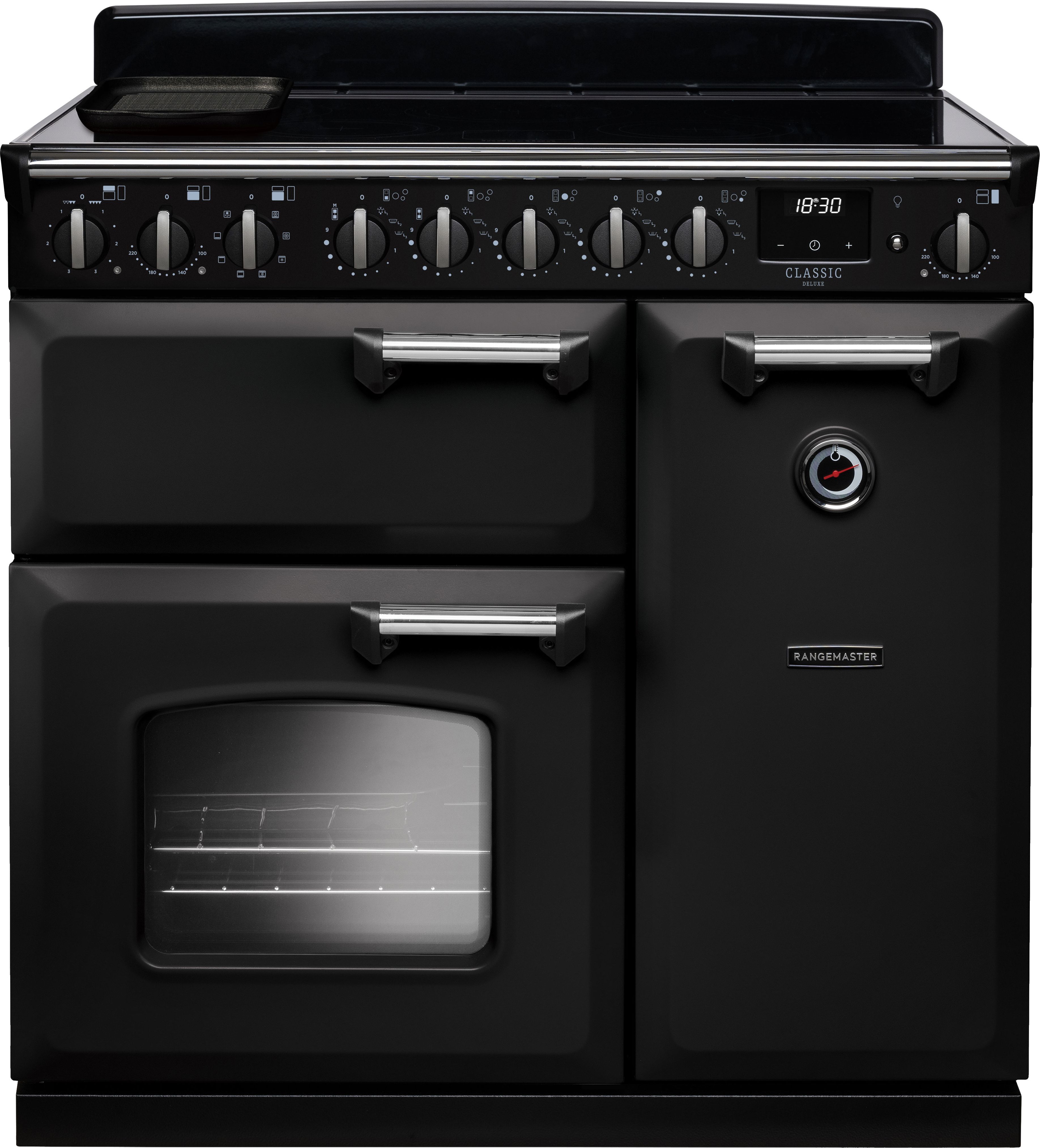 Image of Rangemaster Classic Deluxe CLDL90EIPCBL/CM1 90cm wide Electric Range Cooker with Induction Hob - Charcoal Black / Chrome - A/A Rated, Black