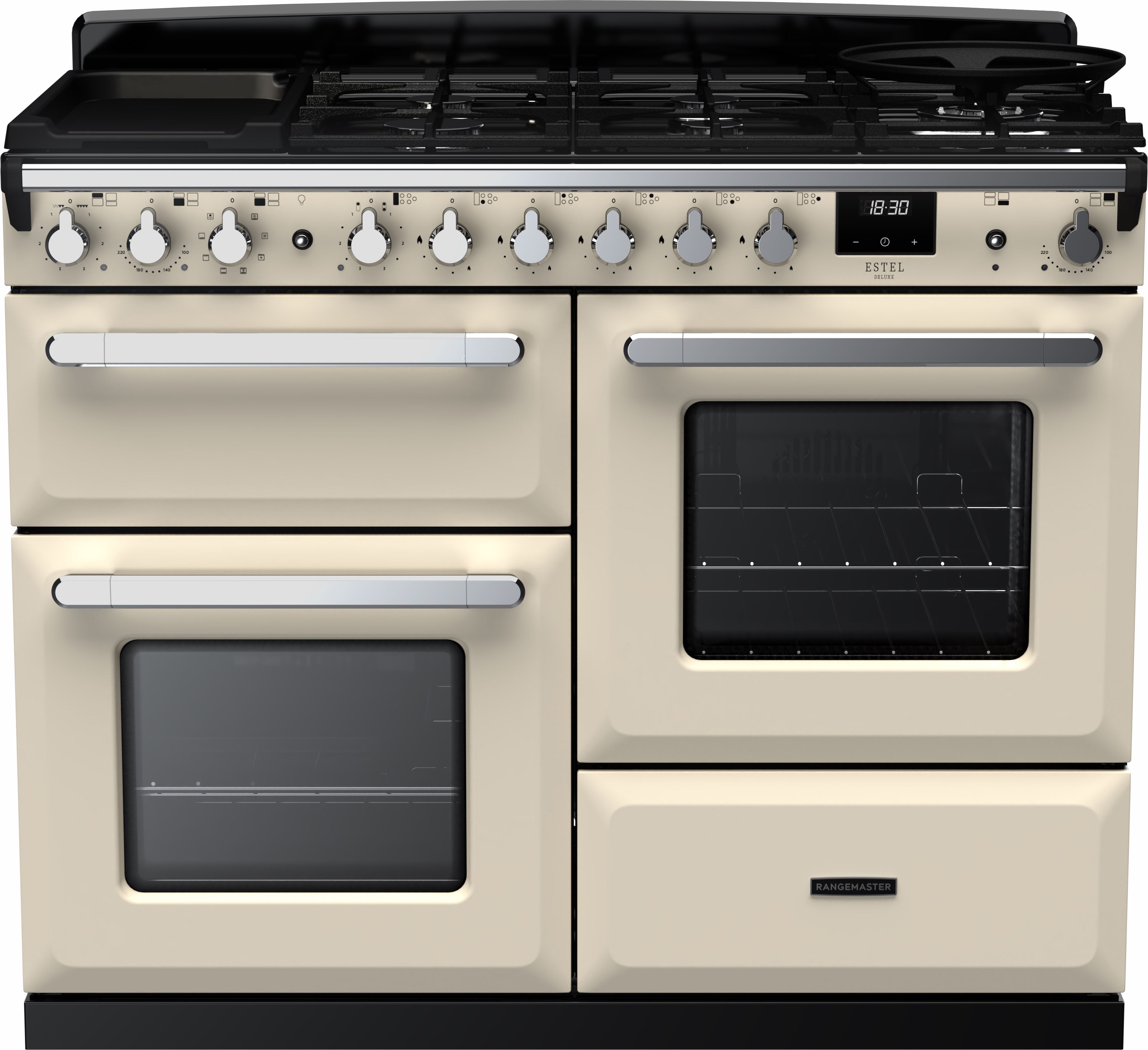 Image of Rangemaster Estel Deluxe ESDLO110DFPPCR/CM1 110cm wide Dual Fuel Range Cooker with Gas Hob - Cream / Chrome - A/A Rated, Cream