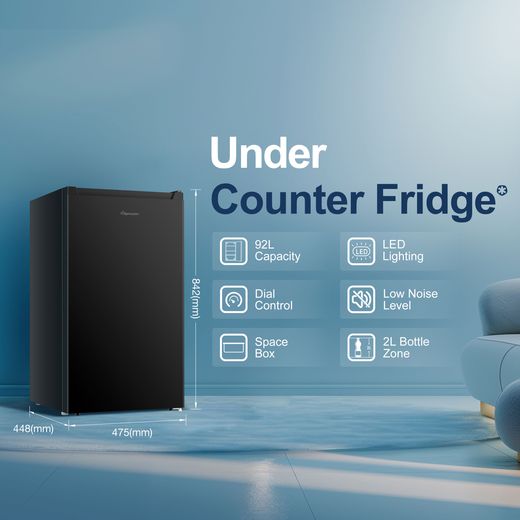Fridgemaster MUL4892EB Compact 84cm Fridge - Black - Annotation - Feature shot