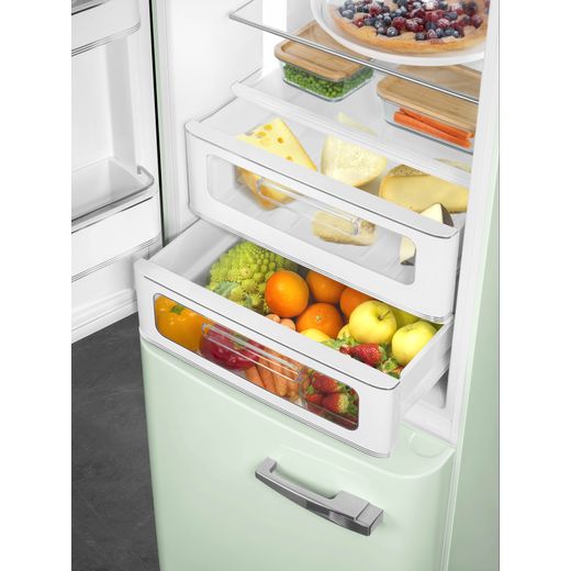 Smeg 50's Style FAB32LPG6UK 197cm 60/40 Frost Free Fridge Freezer - Pastel Green - close up drawer shot