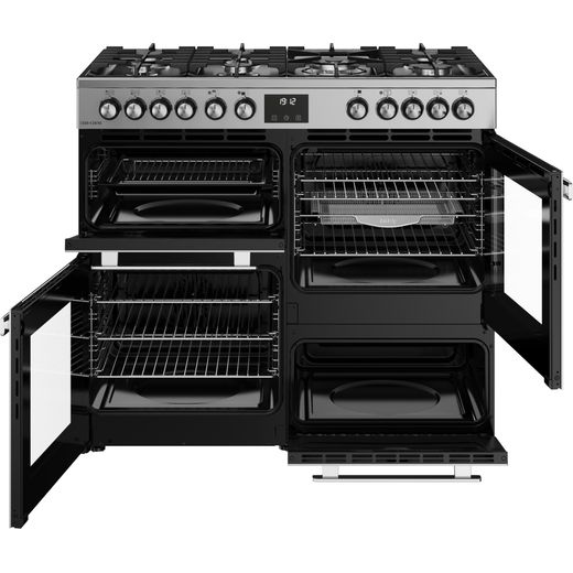 Belling COOKCENTRE 100DF Dual Fuel Range Cooker - Stainless Steel - Front with door open shot
