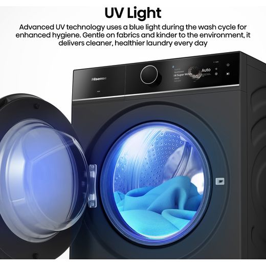 Hisense KitchenFit 7i Series WF7I1248BBR 12kg WiFi Connected Washing Machine with 1400 rpm - Black - annotation - UV light shot