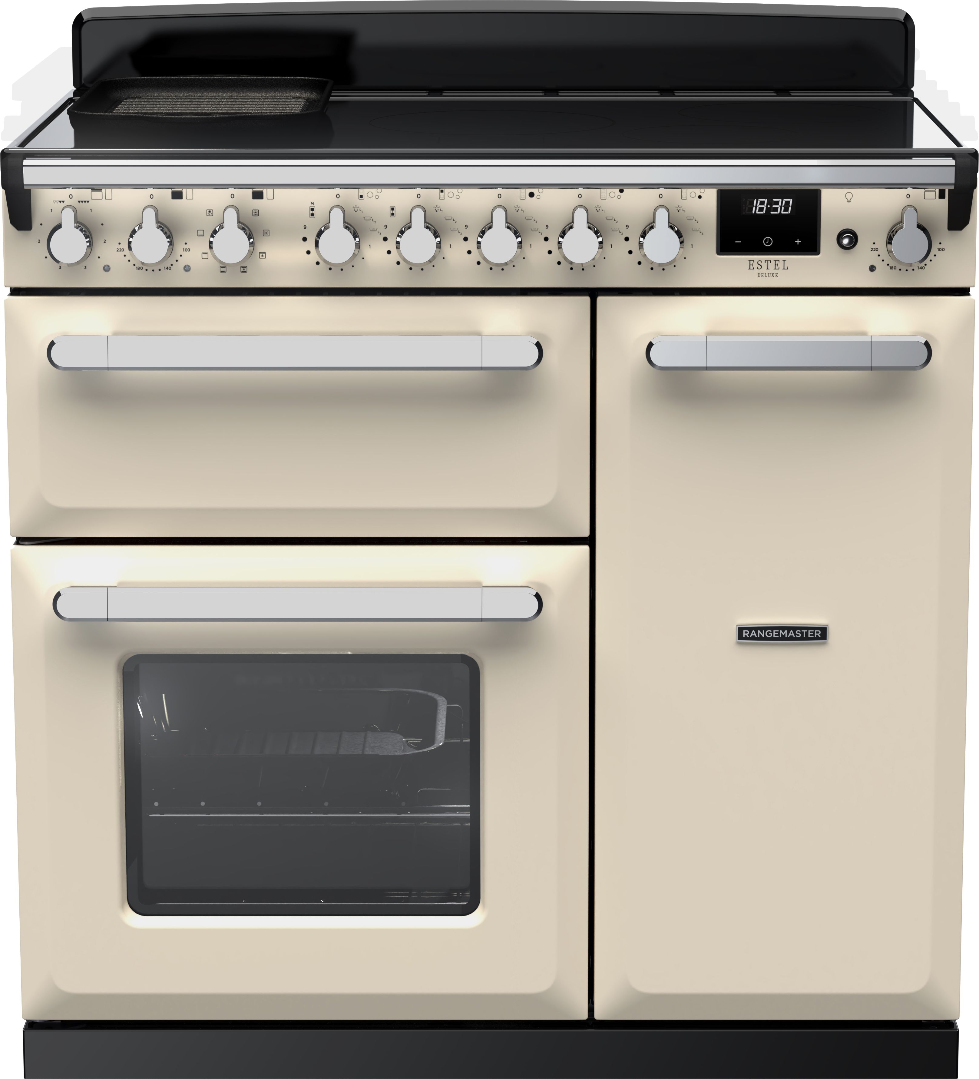 Image of Rangemaster Estel Deluxe ESDL90EIPPCR/CM1 90cm wide Electric Range Cooker with Induction Hob - Cream / Chrome - A/A Rated, Cream
