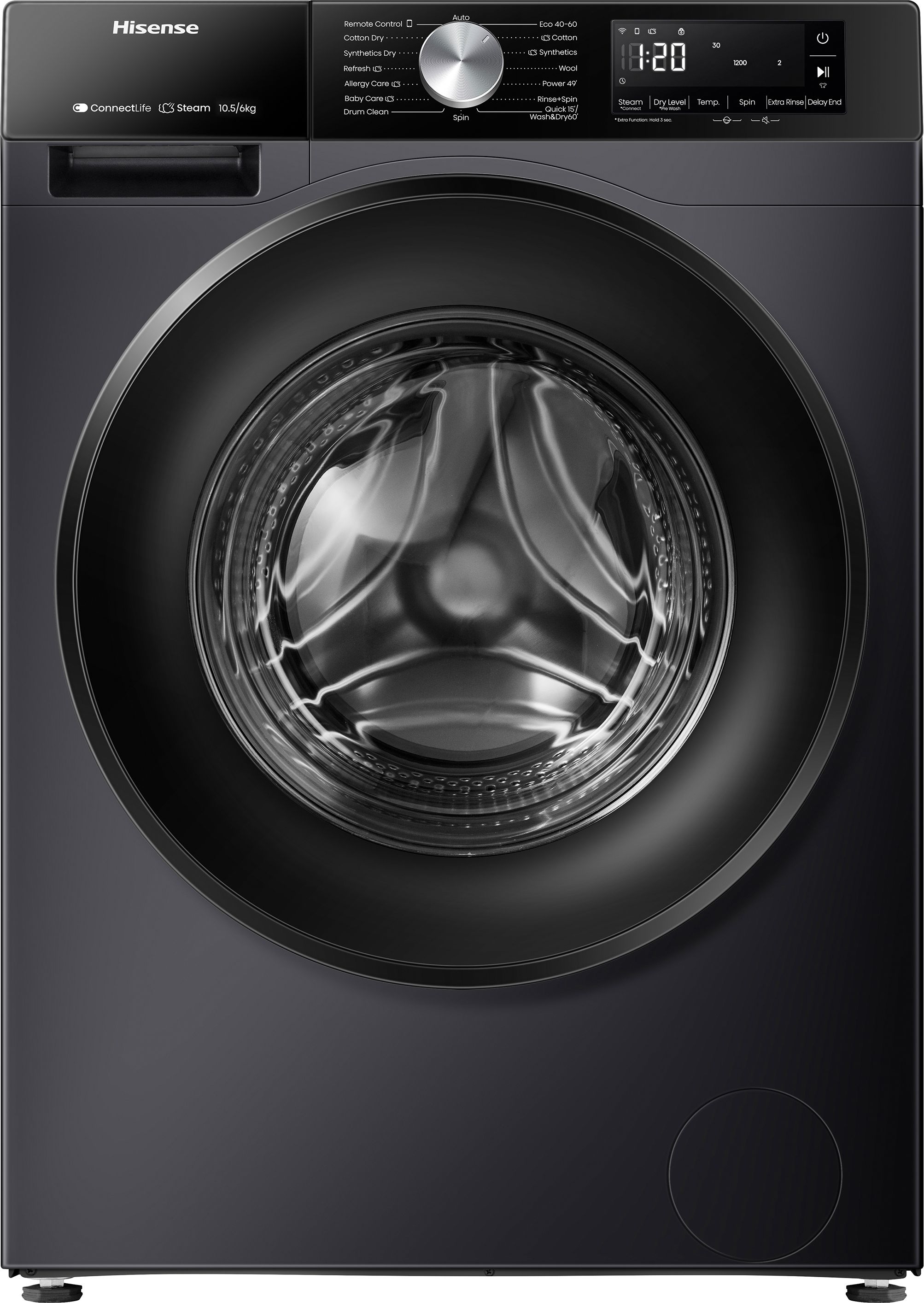 Image of Hisense 3S Series WD3S1043BB3 Wifi Connected 10.5Kg/6Kg Washer Dryer with 1400 rpm - Black - D Rated [Wash&Dry], A Rated [Wash Only], Black