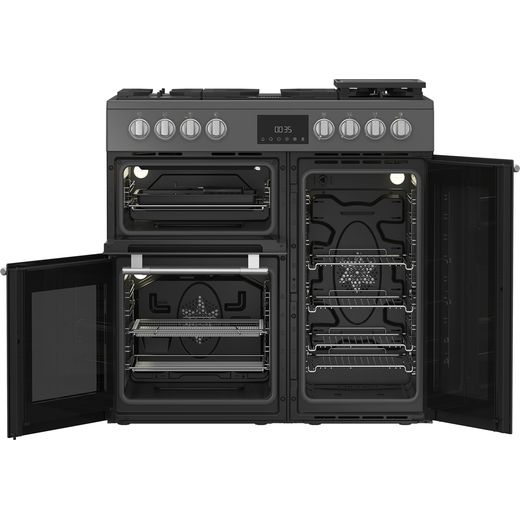 Hotpoint RH90FA20A 90cm wide Dual Fuel Range Cooker with Gas Hob - Anthracite - front with door open shot