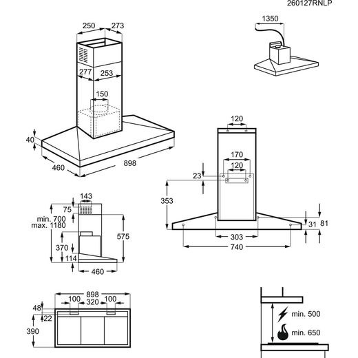 AEG DKB6971HM 90cm Chimney Cooker Hood - Stainless Steel - Annotation -  dimension shot