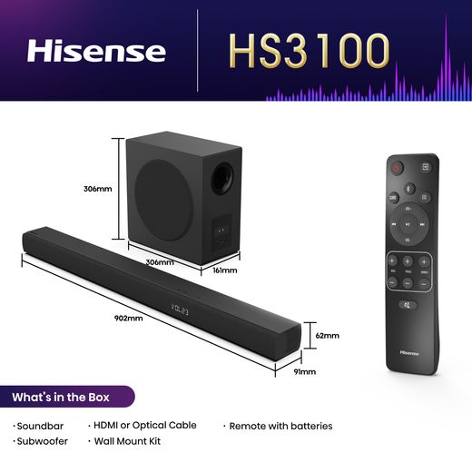 Hisense HS3100 Bluetooth 3.1 Soundbar - Black - Annotation - Dimension shot