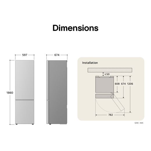 LG Fit & Max GBBSJ10EEP 186cm Total No Frost Fridge Freezer - Matte Black - Dimensions
