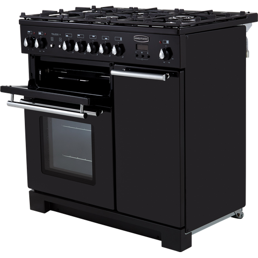 Rangemaster Toledo + 90cm Dual Fuel Range Cooker - Black / Chrome - Top left door open