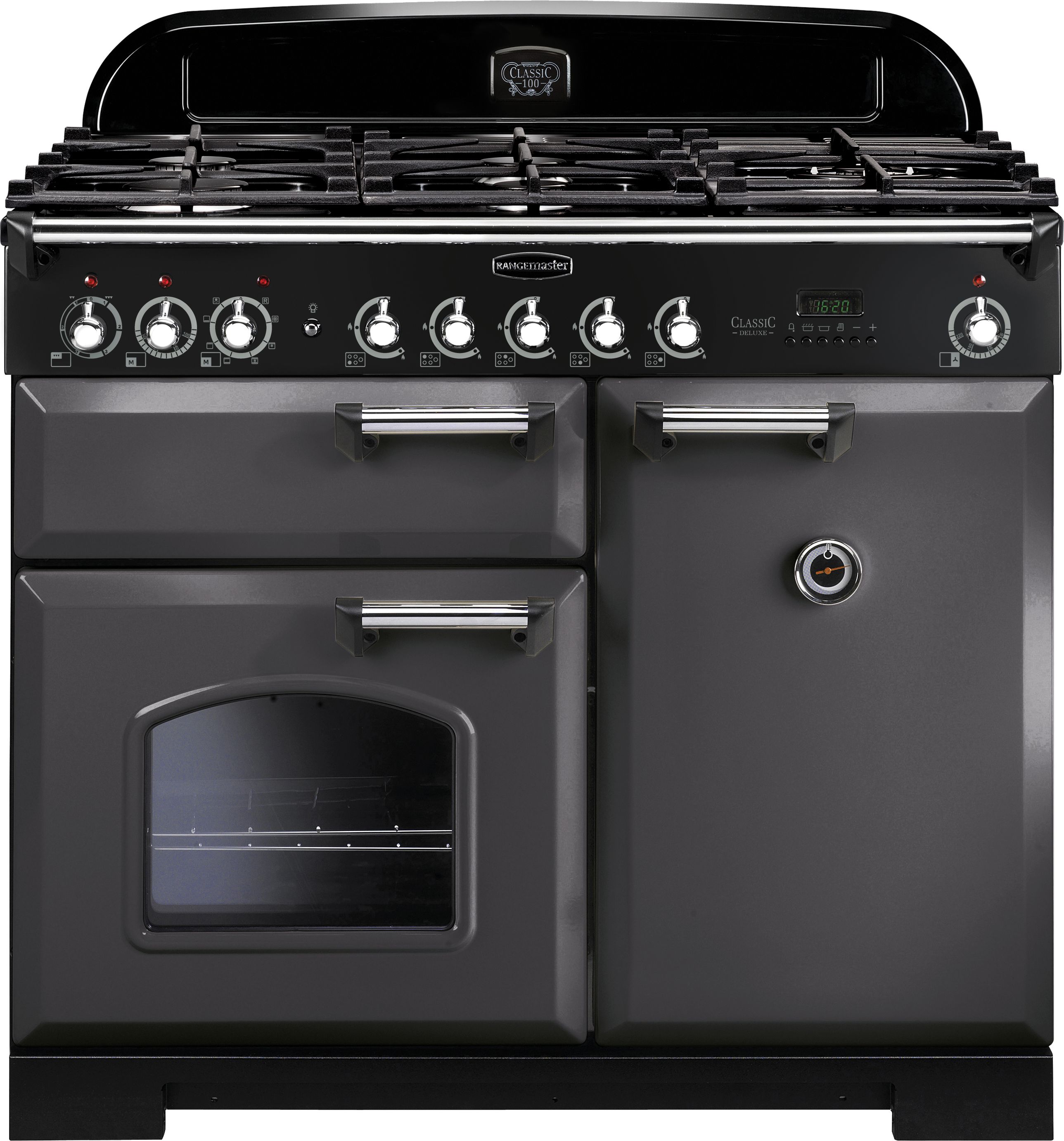 Rangemaster Classic Deluxe CDL100DFFSL/C 100cm Dual Fuel Range Cooker - Slate / Chrome - A/A Rated, Grey