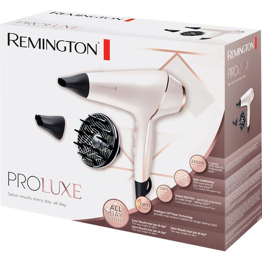 Remington PROluxe Hair Dryer With 3 Accessories - White / Rose Gold - Left box perpsective shot