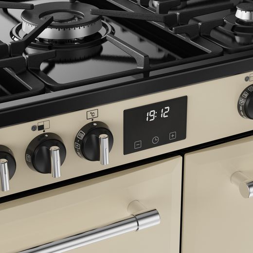 Belling FARMHOUSE 90DF Dual Fuel Range Cooker - Cream - Control dials and digital display