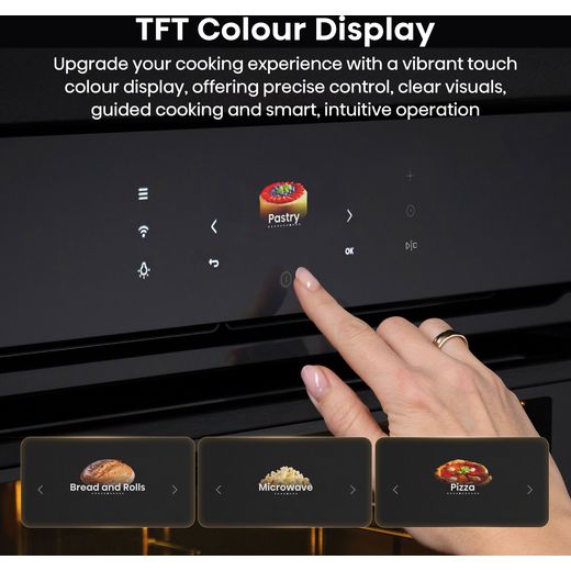Hisense Hi8 BlackLine BIM4AH8UKWF Wifi Connected Built In Compact Electric Single Oven with Microwave Function - Jet Black - Annotation -Colour display shot