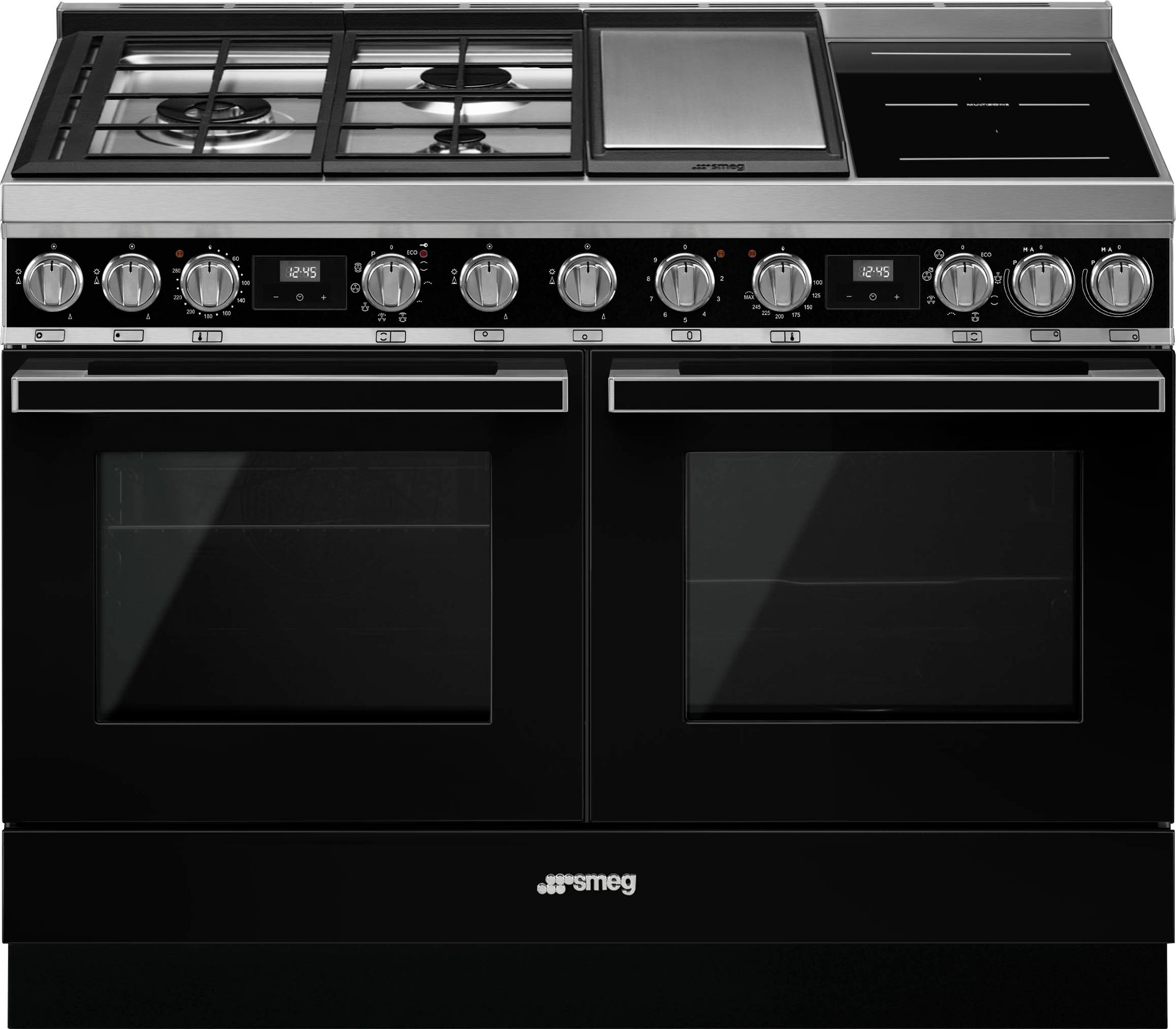 Image of Smeg Portofino CPF120IGMPBL Dual Fuel Range Cooker with Mixed Fuel Hob and Pyrolytic Cleaning - Black - A+/A Rated, Black