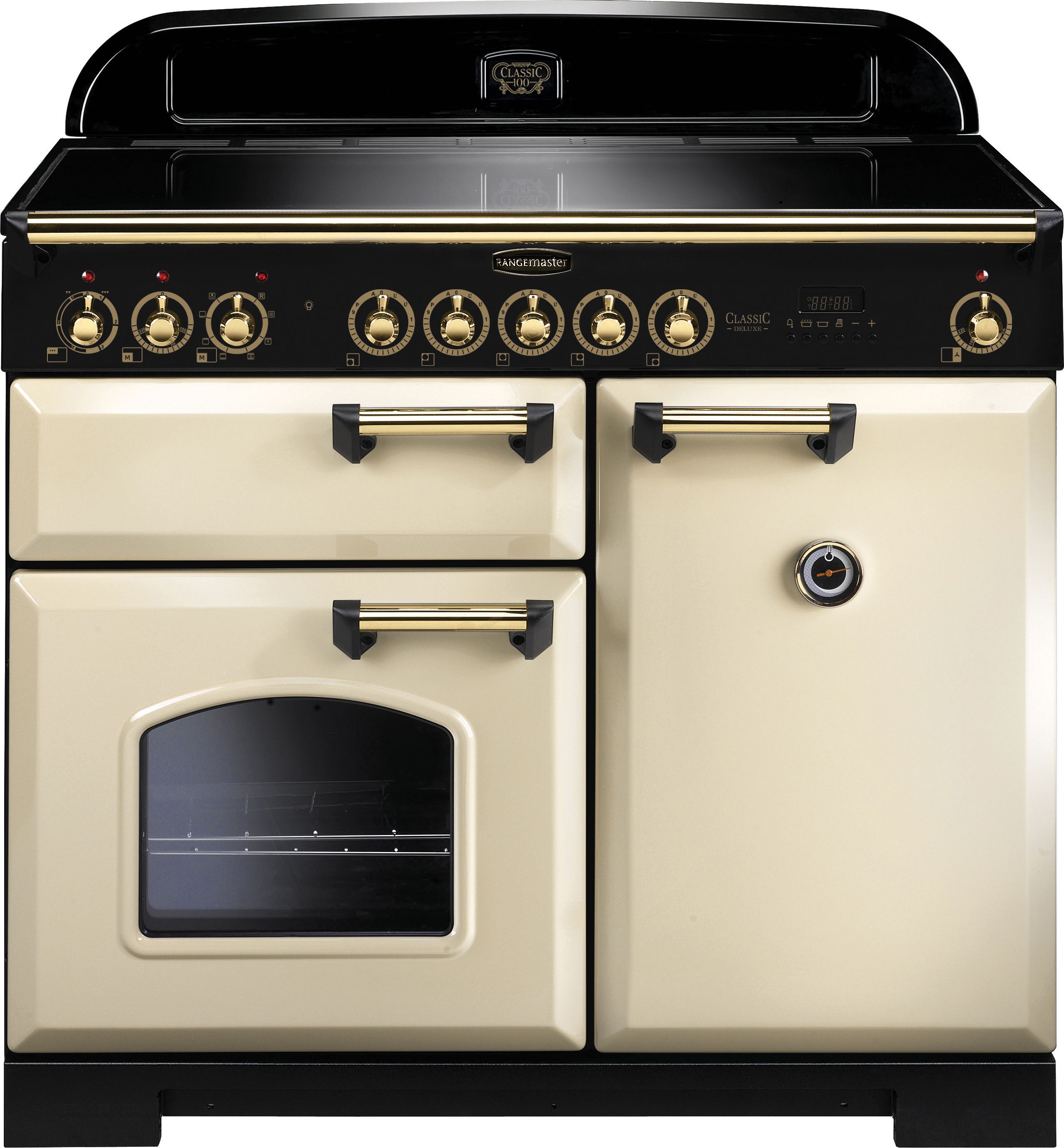 Rangemaster Classic Deluxe CDL100EICR/B 100cm Electric Range Cooker with Induction Hob - Cream / Brass - A/A Rated, Cream