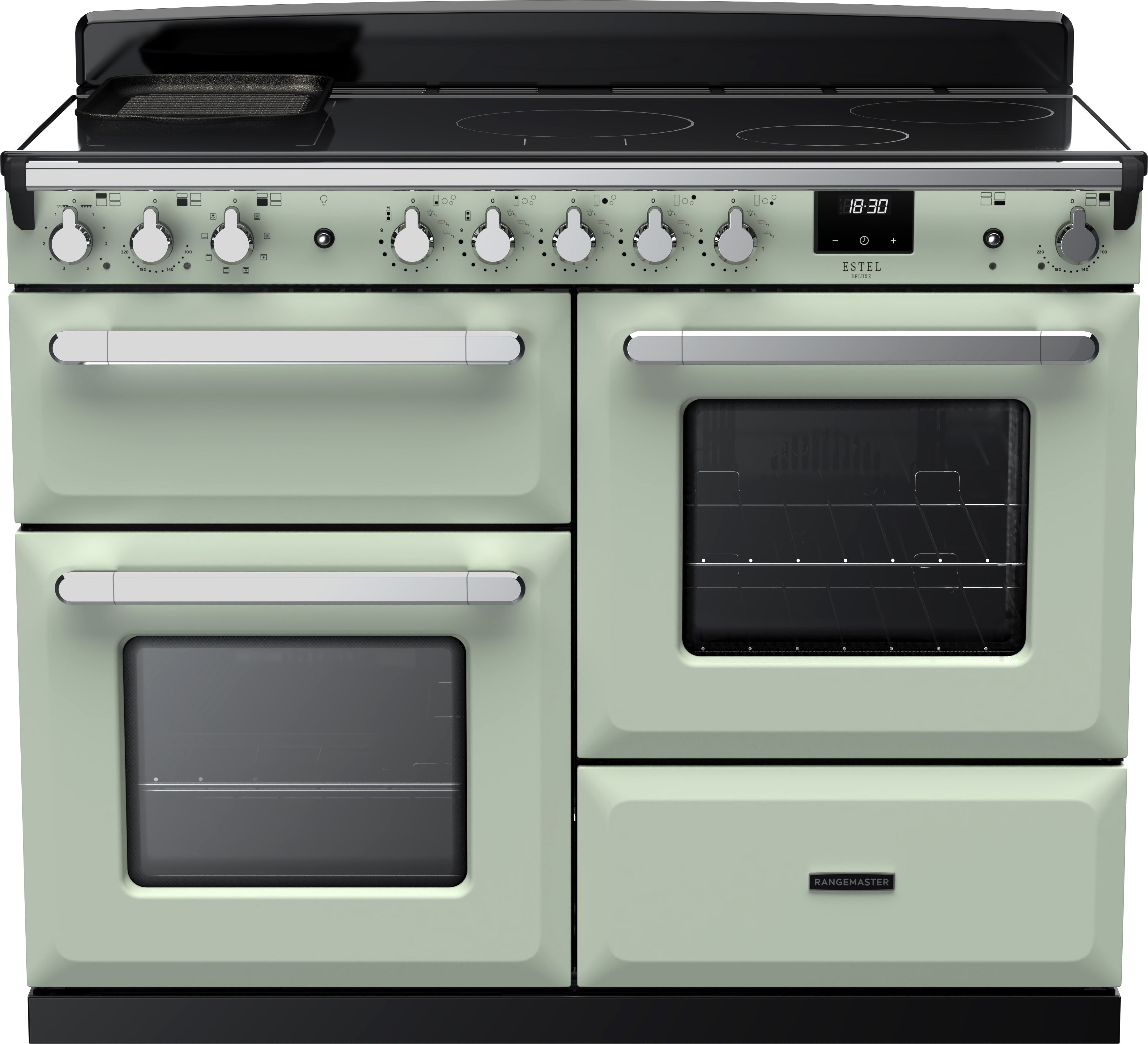 Image of Rangemaster Estel Deluxe ESDLO110EIPMNT/CM1 110cm wide Electric Range Cooker with Induction Hob - Mint / Chrome - A Rated, Green