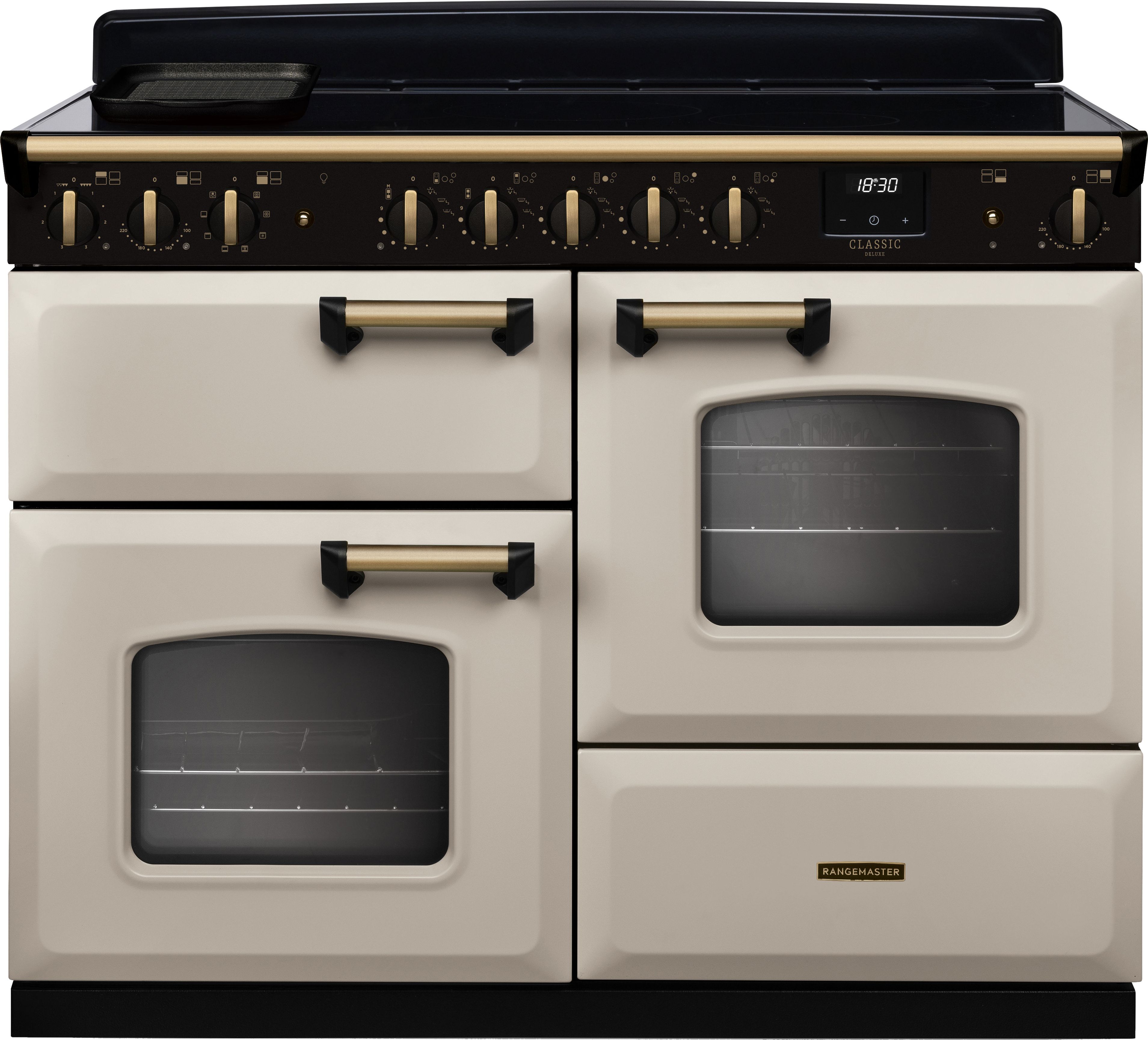 Image of Rangemaster Classic Deluxe OC CLDLO110EIPPCR/AB1 110cm wide Electric Range Cooker with Induction Hob - Cream / Antique Brass - A/A Rated, Cream
