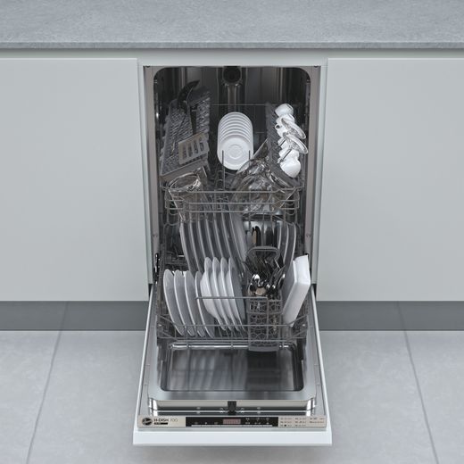 Hoover Fully Integrated Slimline Dishwasher - Stainless Steel Control Panel with Fixed Door Fixing Kit - Dishwasher with door open in modern kitchen