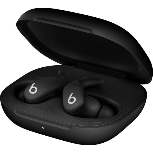 Beats Powerbeats Fit True Wireless Noise Cancelling Earbuds - Jet Black - Left case perspective with door open shot