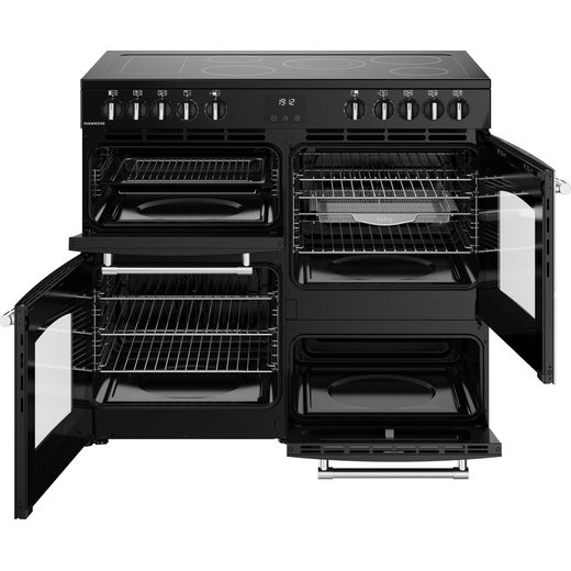 Belling Farmhouse 100E 100cm Electric Range Cooker with Ceramic Hob - Black - Front with door open shot