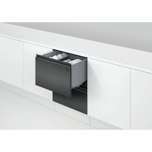 Dishwasher DishDrawer™ Double, 12 Place Settings, Black Steel, Recessed handle, External Control / Display, WiFi, compatible with SmartHQ App - Dishwasher in kitchen with door open shot