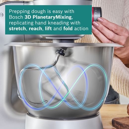 Bosch CreationLine 7 in 1 MUM59340GB Stand Mixer with 3.9 Litre Bowl - Silver - Annotation - mixing shot
