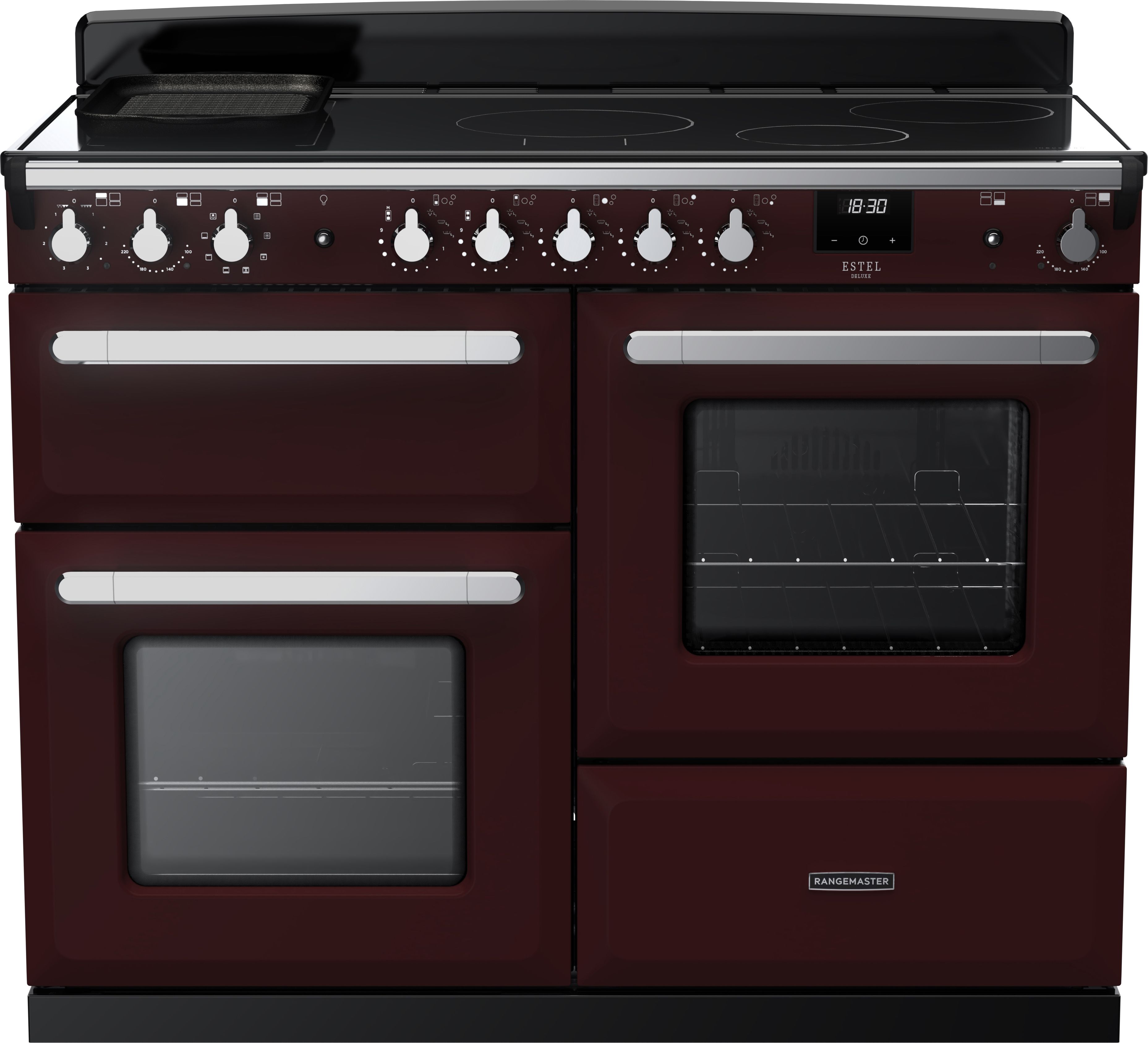 Image of Rangemaster Estel Deluxe ESDLO110EIPBOR/CM1 110cm wide Electric Range Cooker with Induction Hob - Bordeaux / Chrome - A Rated, Red