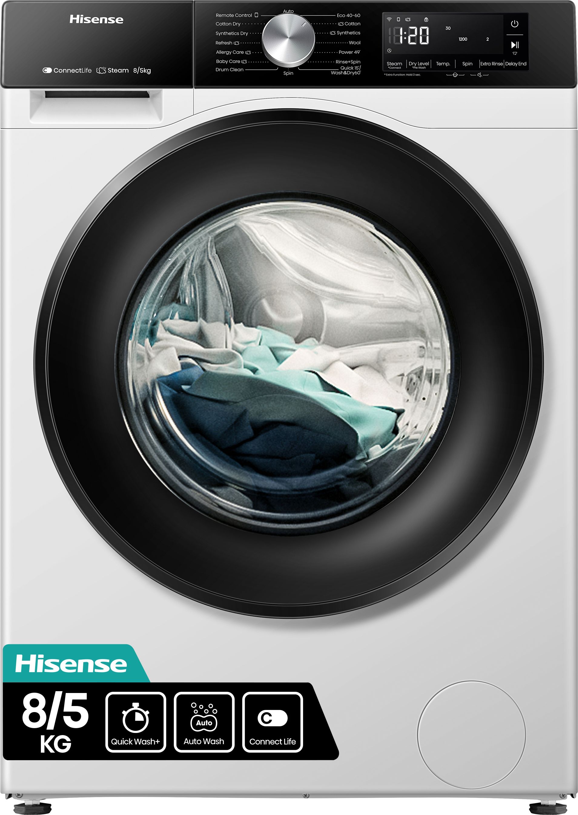 Image of Hisense 3S Series WD3S8043BW3 Wifi Connected 8Kg/5Kg Washer Dryer with 1400 rpm - White - D Rated [Wash&Dry], A Rated [Wash Only], White