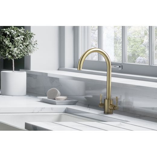 Rangemaster Aquatrend Dual Lever Kitchen Tap - Brushed Brass - sink in kictehn shot 