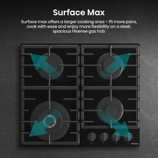 Hisense GG663BHF 60cm Gas Hob - Black - Annotation - Surface zone shot 