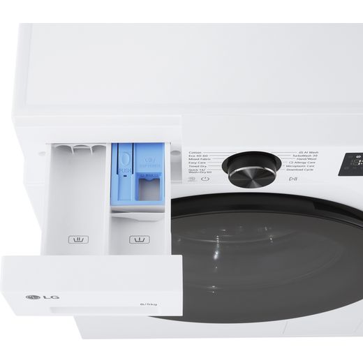 LG Series 3 AI Direct Drive W2X5085TLB Wifi Connected 8Kg / Washer Dryer with 1200 rpm - top shot close up of open dispenser drawer