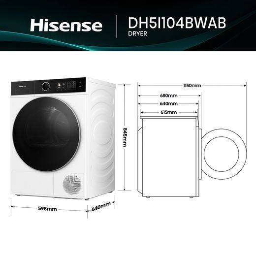 Hisense 5i Series DH5I104BWAB Wifi Connected 10Kg Heat Pump Tumble Dryer - White - Annotation - Dimeson shot