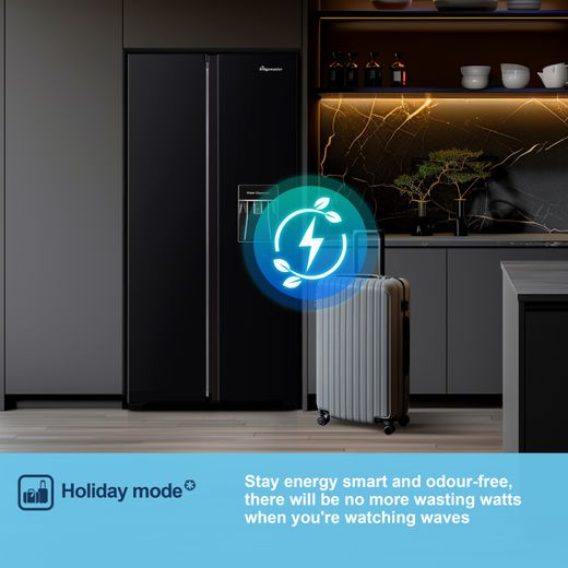 Fridgemaster American Fridge Freezer - Black - Annotation - Holiday mode