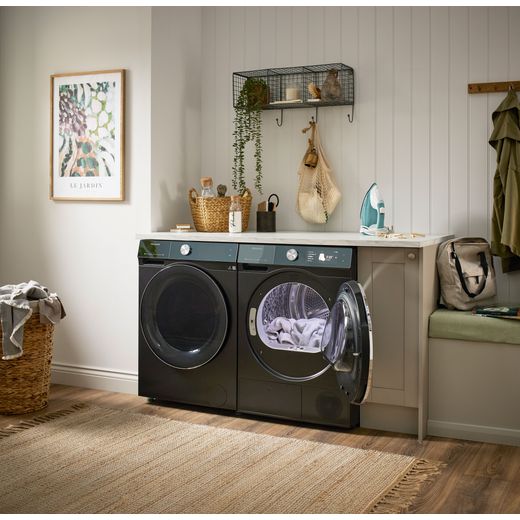 Hisense 7S Series DH7S107BB Wifi Connected 10Kg Heat Pump Tumble Dryer - Black - Tumble dryer in utility room shot