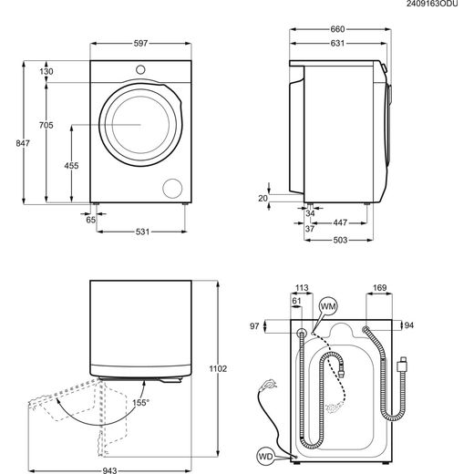 AEG 7000 Series LFSR74144UD 10kg Washing Machine with 1351 rpm - White - annotation - dimension shot