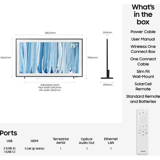Samsung The Frame 75" 4K Ultra HD Neo QLED Smart TV - annotation - dimensions shot 