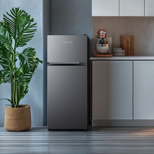Fridgemaster MTM48120ES 117cm 80/20 Small Fridge Freezer - Silver  - Fridge freezer in kitchen shot
