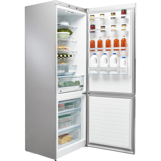 Bosch Serie 6 70/30 Fridge Freezer - Stainless Steel Effect - Right perspective with door open, full fridge