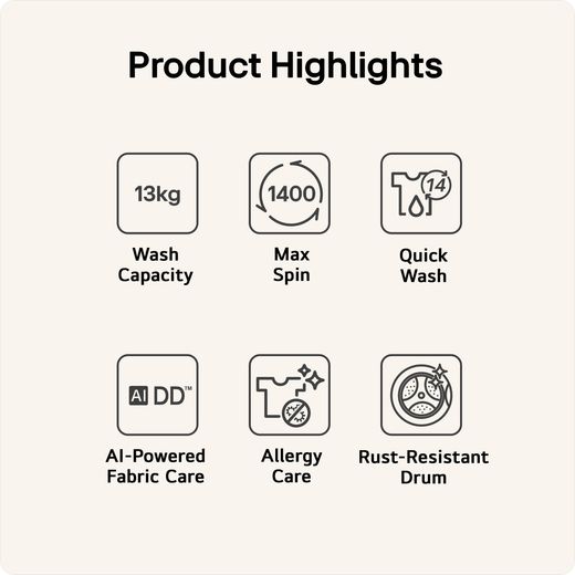 LG Series 4 AI Direct Drive™ F4Y513WWLN1 13kg Washing Machine with 1400 rpm - White - Annotation - Product highlights