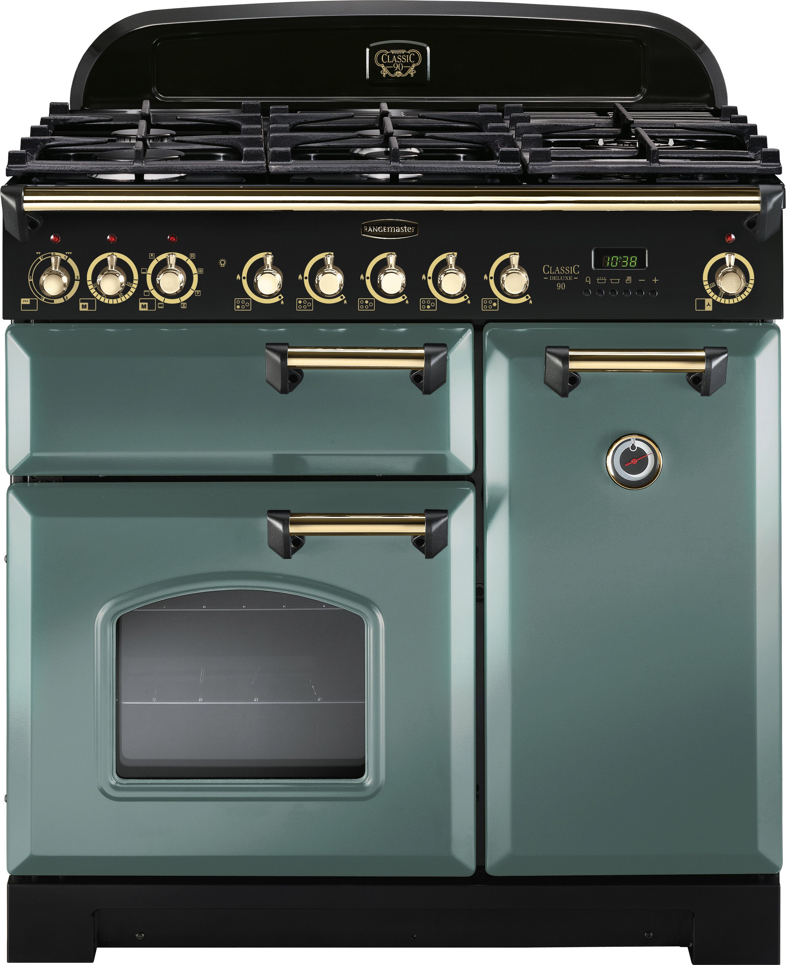 Rangemaster Classic Deluxe CDL90DFFMG/B 90cm Dual Fuel Range Cooker - Mineral Green / Brass - A/A Rated, Green